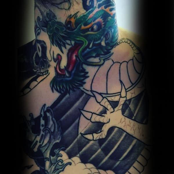 Throat tattoo featuring a fierce green dragon with fiery details, bold shading, and intricate scales for a powerful and dynamic design