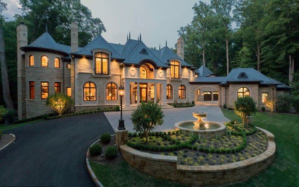 driveway landscape with water feature