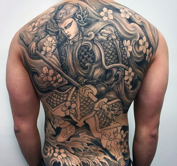 Impressive Far East Traditional Samurai Tattoo With Blossoms Mens Full Back