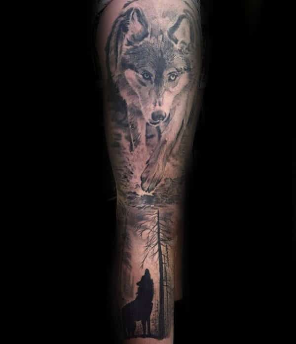 Impressive Forest Wolf Male Sleeve Tattoos