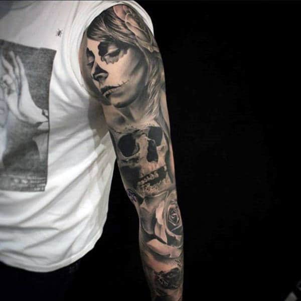 Impressive Grey Day Of The Dead Woman And Skull Tattoo Male Full Sleeves