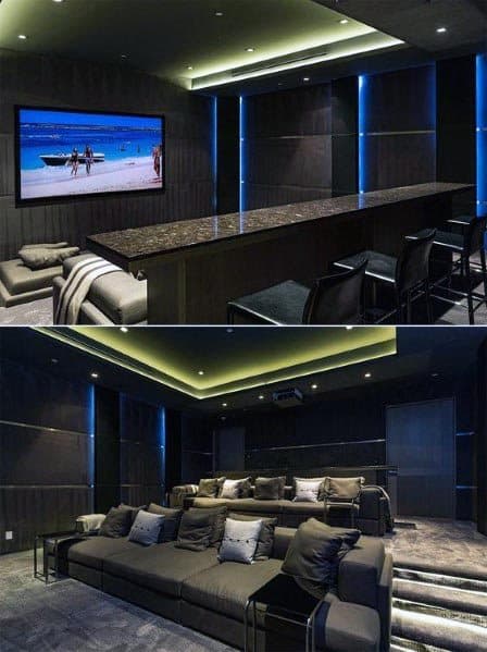 warm and cool lighting home theater with gray sofas 