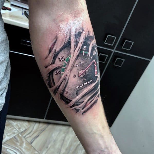 3D BMW Alpina speedometer tattoo on forearm, designed with torn skin effect for a bold and realistic automotive-inspired look.