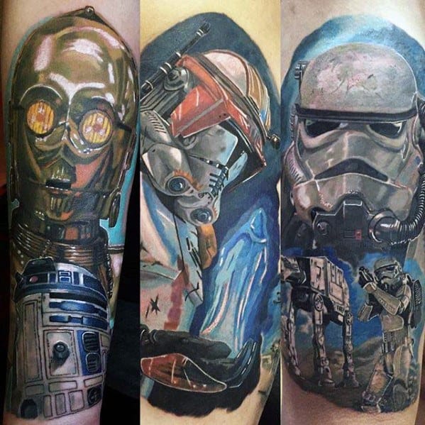 Epic Star Wars sleeve tattoo featuring C-3PO, R2-D2, a Rebel pilot, and a Stormtrooper, blending realism with cinematic details.