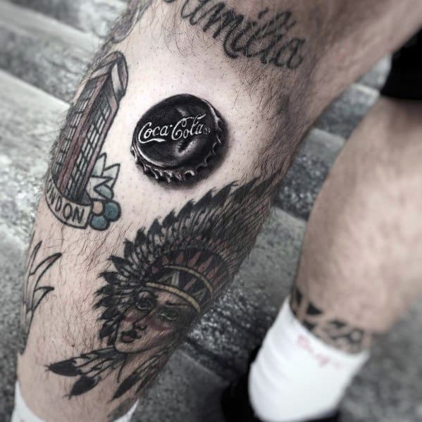 Hyper-realistic Coca-Cola bottle cap tattoo with a 3D effect, detailed shading, and highlights, creating the illusion of a real cap on the skin.