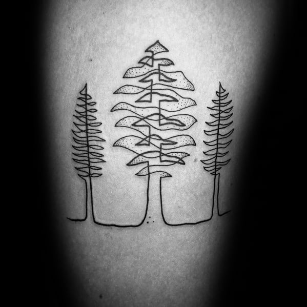 Minimalist continuous line tattoo of three trees, featuring delicate black ink strokes with subtle dot shading for a nature-inspired design.