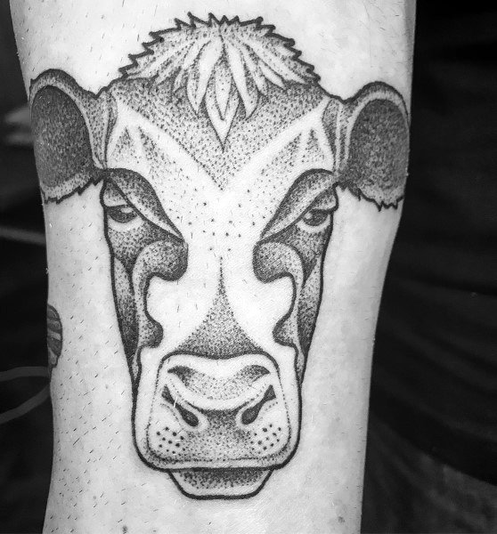 Dotwork cow head tattoo with bold outlines and detailed shading, featuring a symmetrical design and textured fur.