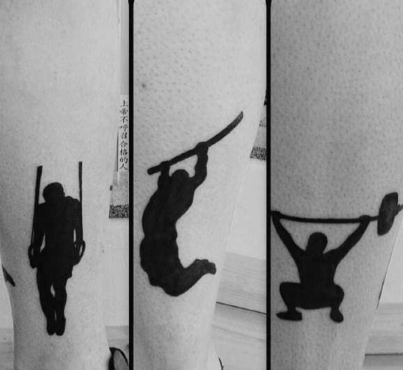 Minimalist black silhouette tattoos of CrossFit movements, including ring dips, rope climbs, and Olympic weightlifting, symbolizing strength and endurance.