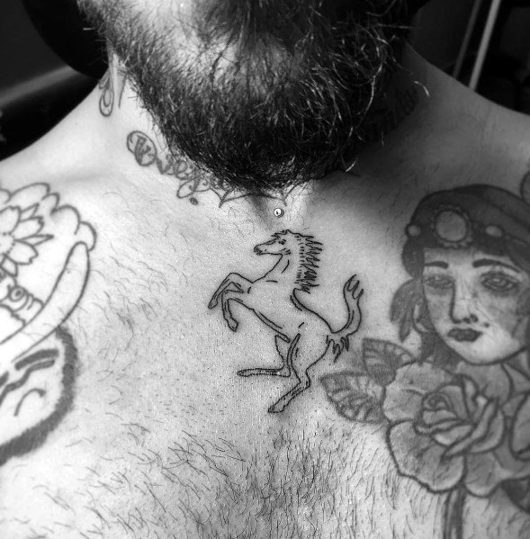 Minimalist outline tattoo of Ferrari's prancing horse centered on man's chest, symbolizing understated power and passion.
