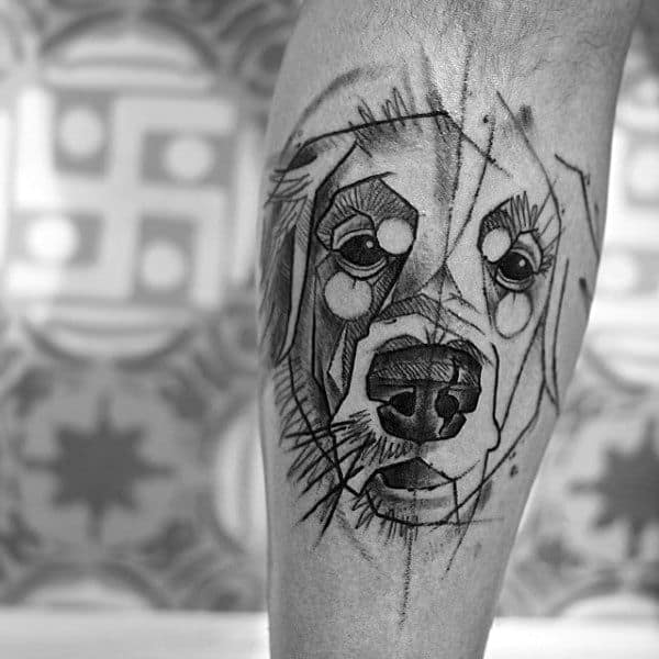 Abstract Golden Retriever tattoo on the leg, featuring geometric shapes, bold lines, and artistic shading for a modern, sketch-style design.