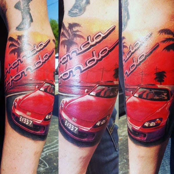 Vibrant Honda S2000 tattoo on a man's forearm, featuring a red sports car with a tropical sunset background and bold Honda lettering.