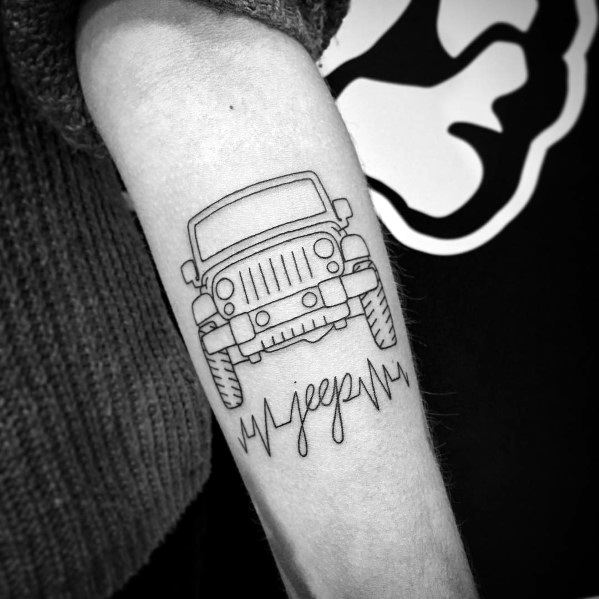 Minimalist Jeep tattoo featuring a front-view outline of a Jeep with "jeep" written in cursive, integrated into an ECG heartbeat line.