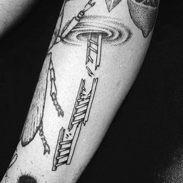 Surreal tattoo featuring a ladder broken by a vortex, symbolizing life's unexpected twists, ideal for men's arms or legs.