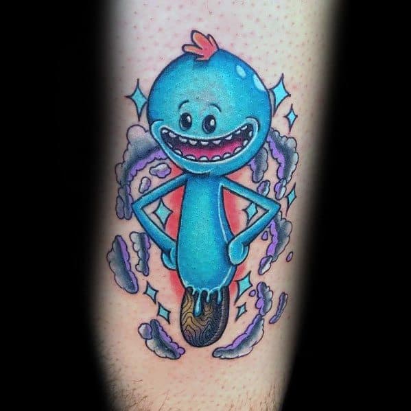 Tattoo of a smiling Mr. Meeseeks from Rick and Morty with hands on hips, emerging from a portal with sparkles and smoke around him.
