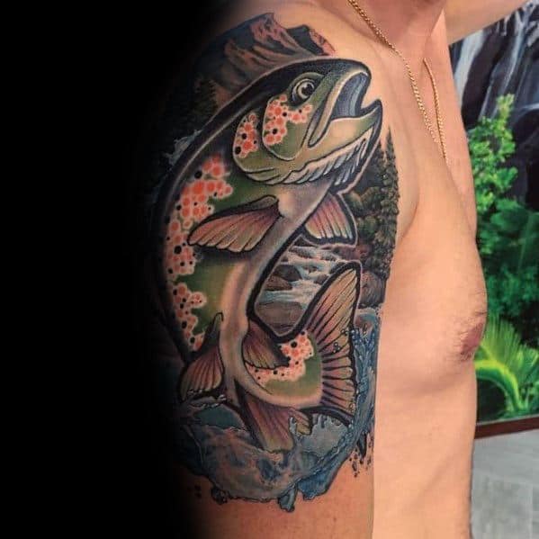 Vibrant tattoo of a leaping salmon with detailed scales, set against a mountain river backdrop, creating a bold and nature-inspired sleeve design.
