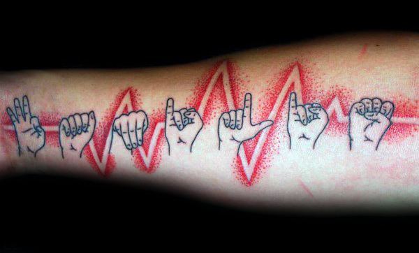 ASL fingerspelling tattoo spelling "love" with a red heartbeat line running through, creating a dynamic and meaningful design