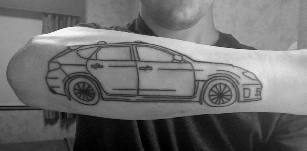 Minimalist Subaru WRX STI outline tattoo on the forearm, featuring a clean black line design capturing the car's sporty hatchback shape.