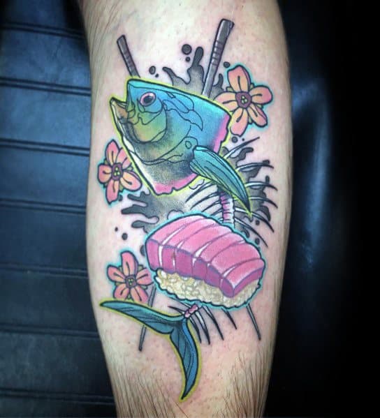 Colorful tuna sushi tattoo featuring bold outlines, floral accents, chopsticks, and a vibrant fish head and tail for a playful design.