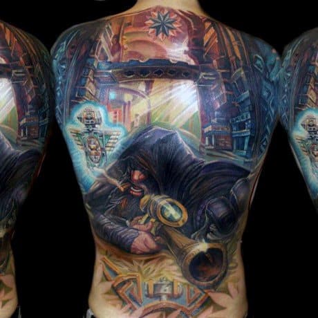 Full back tattoo of a World of Warcraft dwarf sniper in a detailed mechanical city, featuring vibrant colors, glowing elements, and intricate shading.