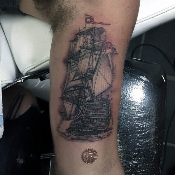 Impressive Manly Ship Tattoo Male Arms