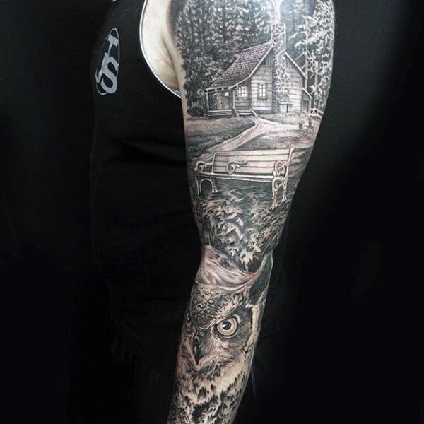 Impressive Manly Tattoo House Park And Owl Tattoo Male Full Sleeves