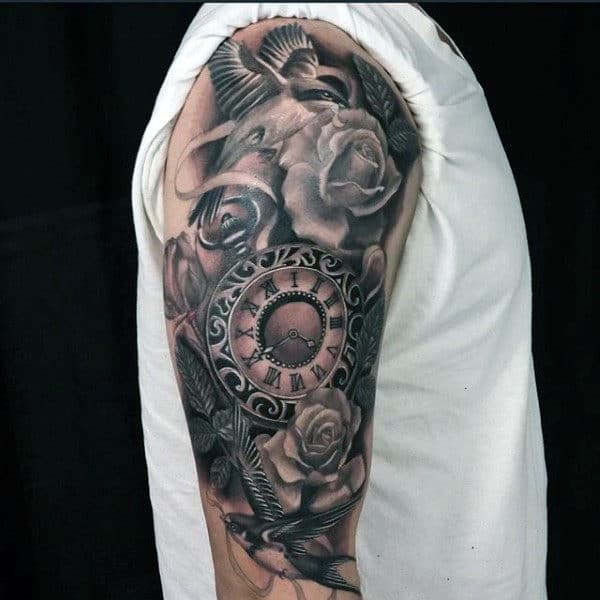 Impressive Rose And Pocket Watch Tattoo On Arms For Guys
