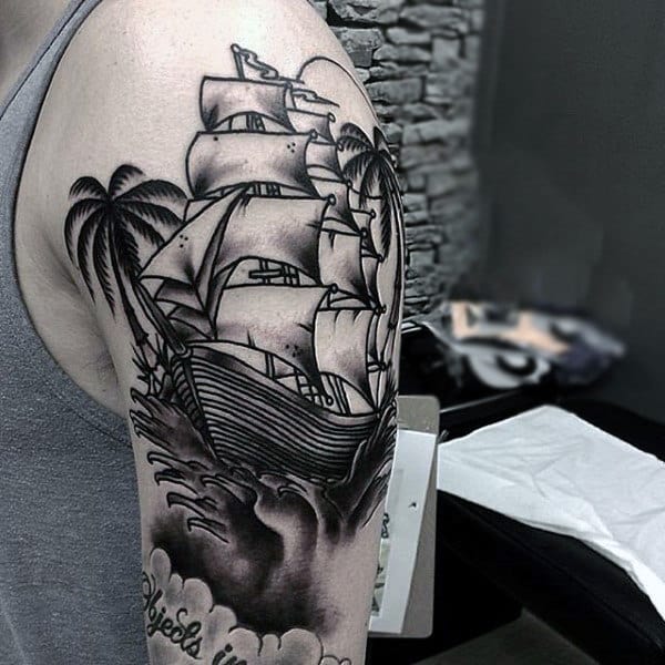 Impressive Ship With Palm Tree Tattoo On Shoulders For Men