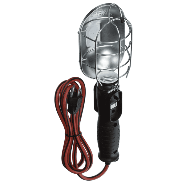 Handheld work light with a metal cage, black handle, and red extension cord.