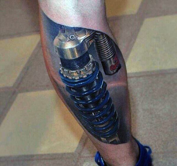 Incredible 3d Blue Shock Absorber Suspension Leg Tattoos For Men