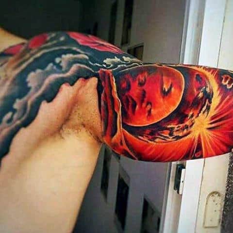 Incredible 3d Glowing Sun Tattoo Mens Ideas On Bicep