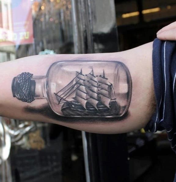 Incredible 3d Realistic Ship In A Bottle Tattoos For Men On Bicep Of Arm