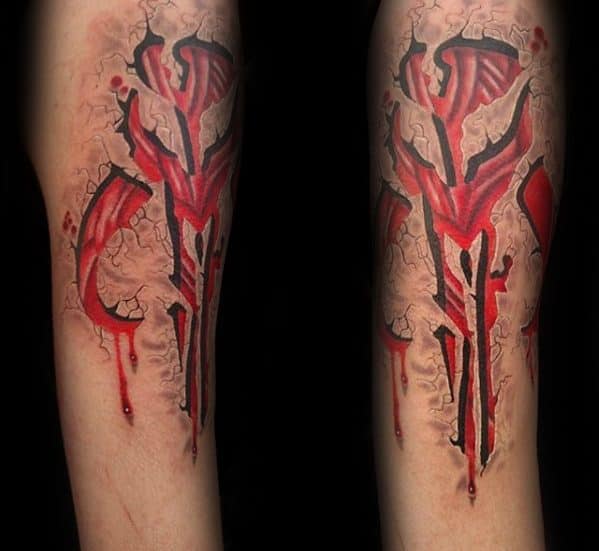 3D-style Mandalorian Mythosaur skull tattoo in red and black, with cracked skin effect and dripping blood details on the forearm.
