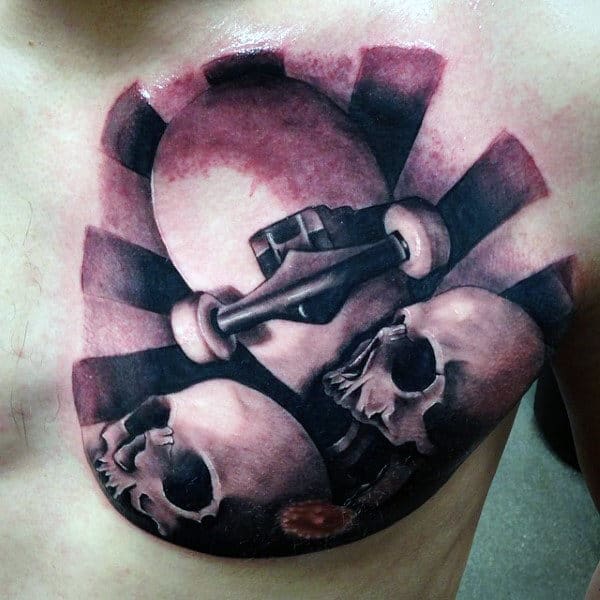 Incredible 3d Skulls With Skateboard Upper Chest Mens Tattoos