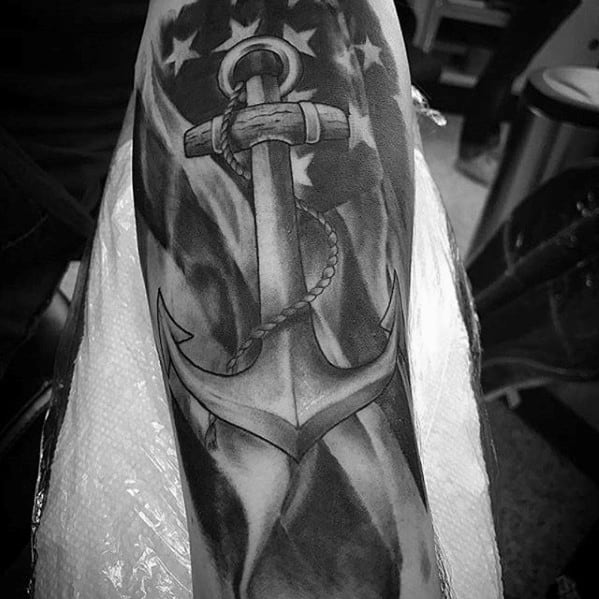 Incredible Anchor Sleeve American Flag Tattoo Design On Man