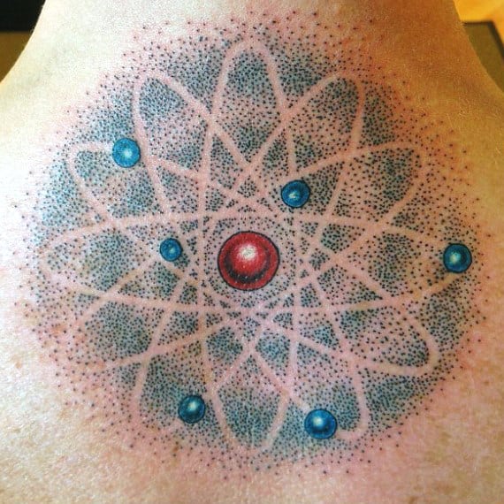 Incredible Atom Tattoo For Men On Back Of Neck