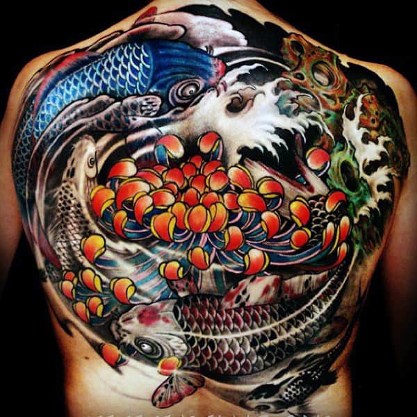 Incredible Back Yin Yang Fish Tattoo On Guy