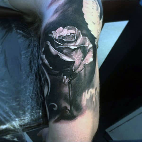 Incredible Black Ink Rose Flower Inner Arm Male Tattoo