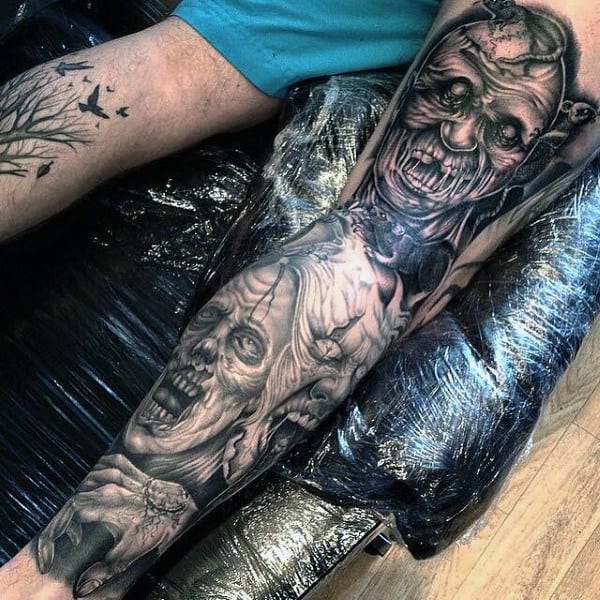 Incredible Black Ink Shaded Zombie Leg Tattoo Sleeve For Males