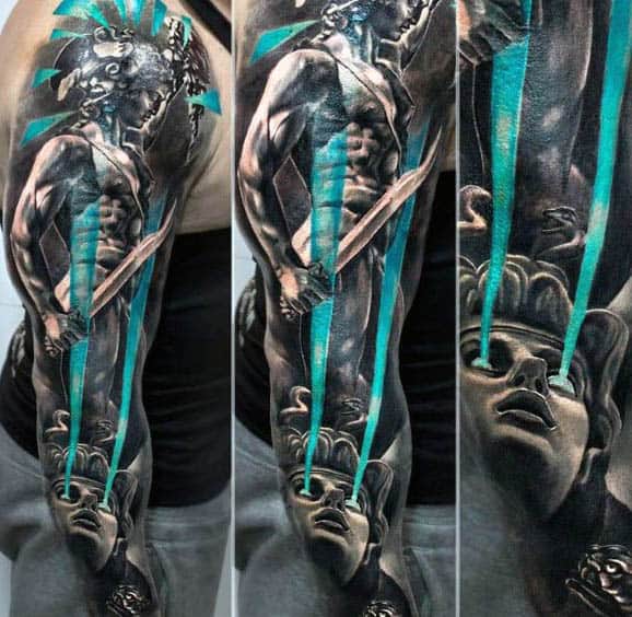 Incredible Blue Eyes Medusa Turning Man Into Stone Tattoo Full Mens Sleeve