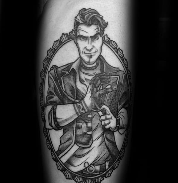 Black and grey tattoo of Handsome Jack holding a mask, framed in an ornate oval border, with bold lines and dramatic shading.