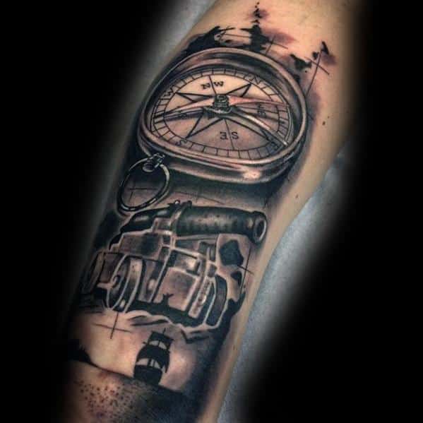 Incredible Cannon With Compass And Sailing Ship 3d Tattoos For Men On Inner Forearm
