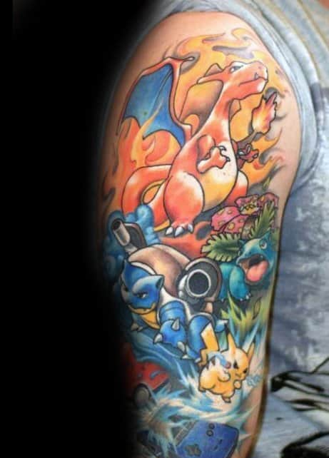 Epic full-arm Pokémon tattoo with Charizard, Blastoise, Pikachu, and Venusaur in action, bursting with flames, lightning, and energy.