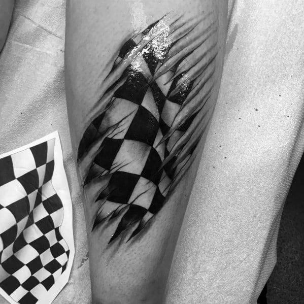 Realistic torn-skin checkered flag tattoo, creating a 3D effect as if the flag is beneath the skin, symbolizing passion for racing and victory.