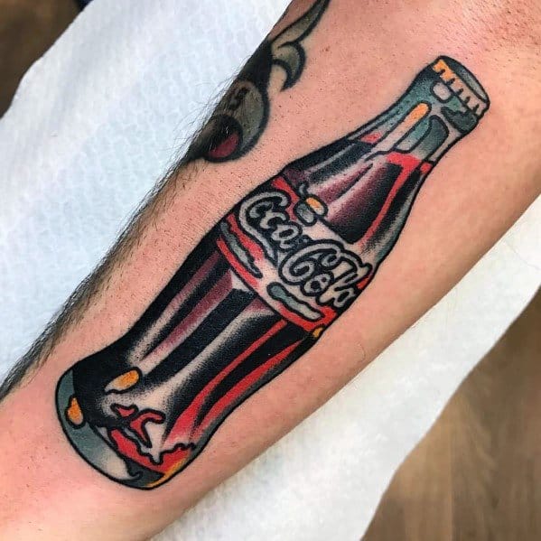 Bold and vibrant Coca-Cola bottle tattoo with a traditional style, thick outlines, rich red tones, and dynamic shading for a classic vintage look.