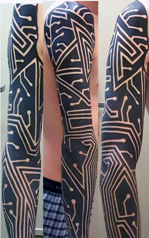 Incredible Cool Blackworkk Mens Negative Space Circuit Board Sleeve Tattoo Ideas