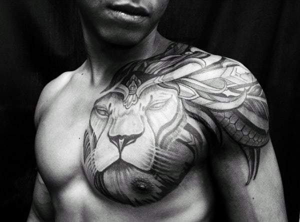 Incredible Cool Tribal Lion Mens Shoulder And Chest Tattoo