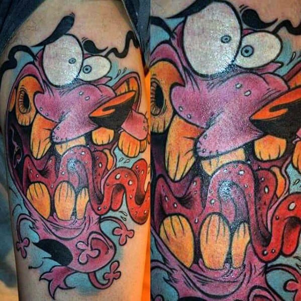 Bold and chaotic Courage the Cowardly Dog tattoo featuring an extreme close-up of his panicked face, wild tongue, and exaggerated features.