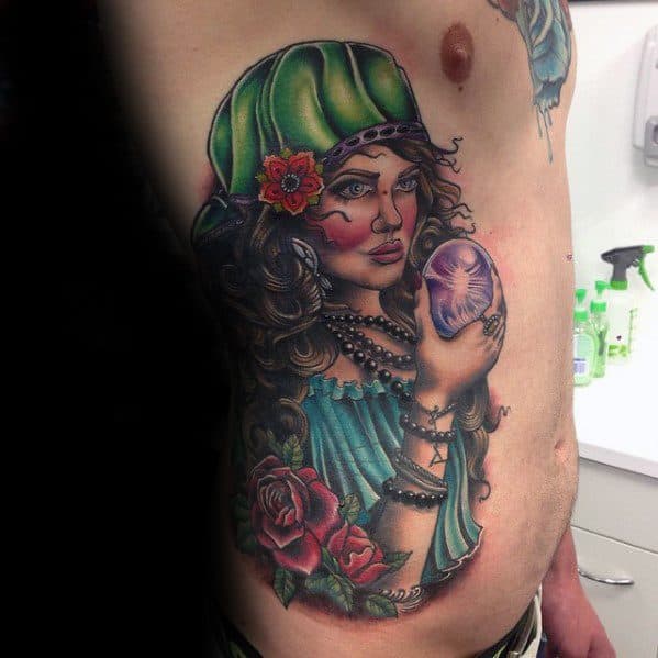 Incredible Crystal Ball Tattoos For Men Rib Cage Side Fortune Teller Design