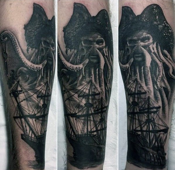 Davy Jones-inspired pirate tattoo with a ship and octopus on an arm