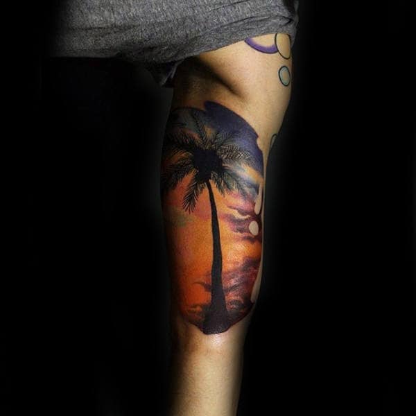Incredible Detailed Male Travel Tattoo Of Beach Palm Tree Arm Half Sleeve